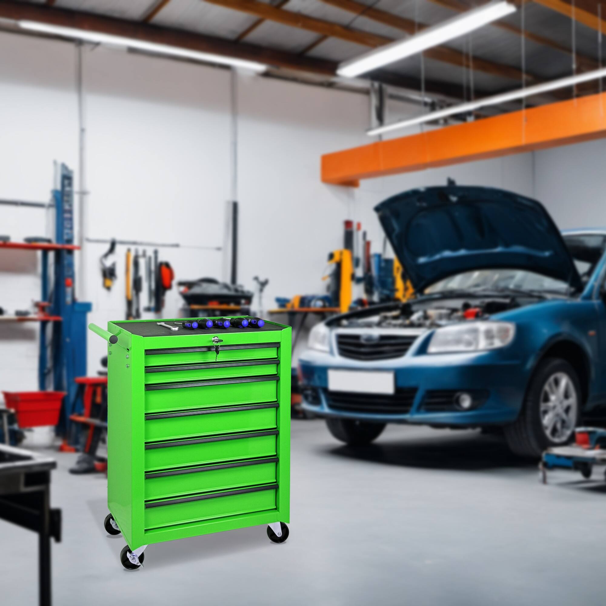 Alt View 1. Boyel Living - GREEN Rolling Metal Tool Chest with 7 Drawers, 20" 7-Drawer Tool Chest Cabinet.