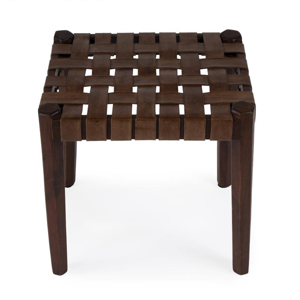 Left. Butler Specialty - Kerry Leather Woven Stool - Dark Brown.