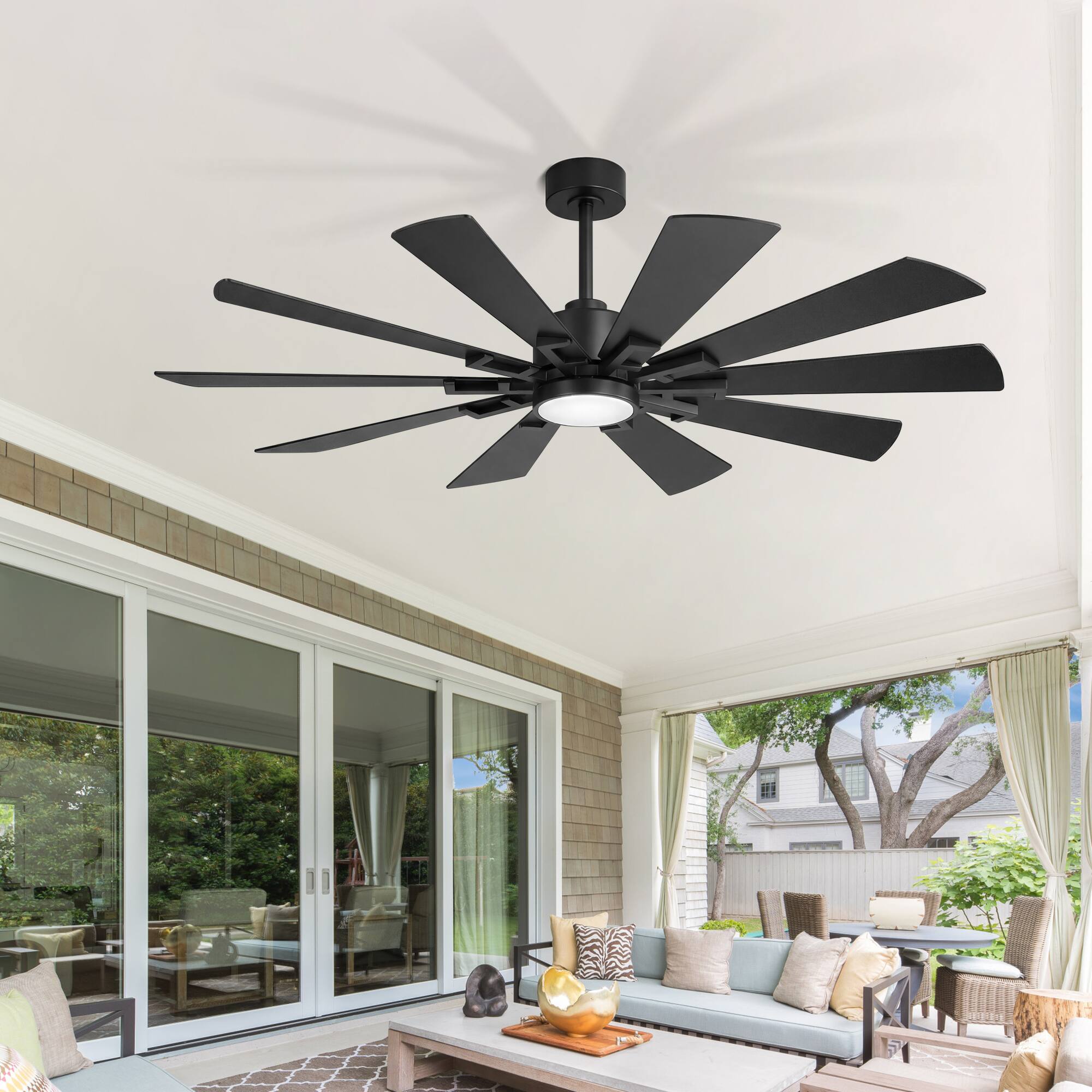 Angle. Breezary - 62-Inch Modern Ceiling Fan with 10 Plywood Blades, DC Motor, 6-Speed Remote, 3-Color Dimmable LED Light, Dual Downrods - Matte Black.