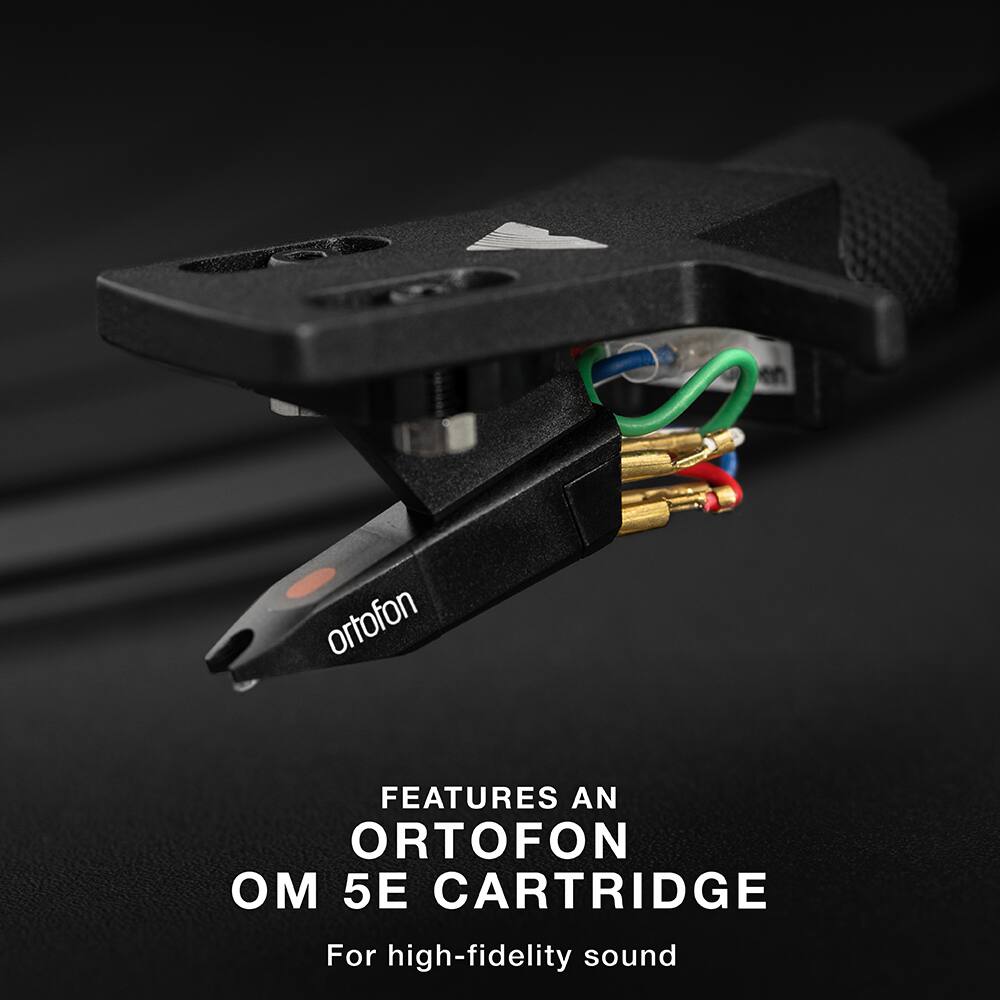 Features an Ortofon M 5E cartridge for high-fidelity sound.