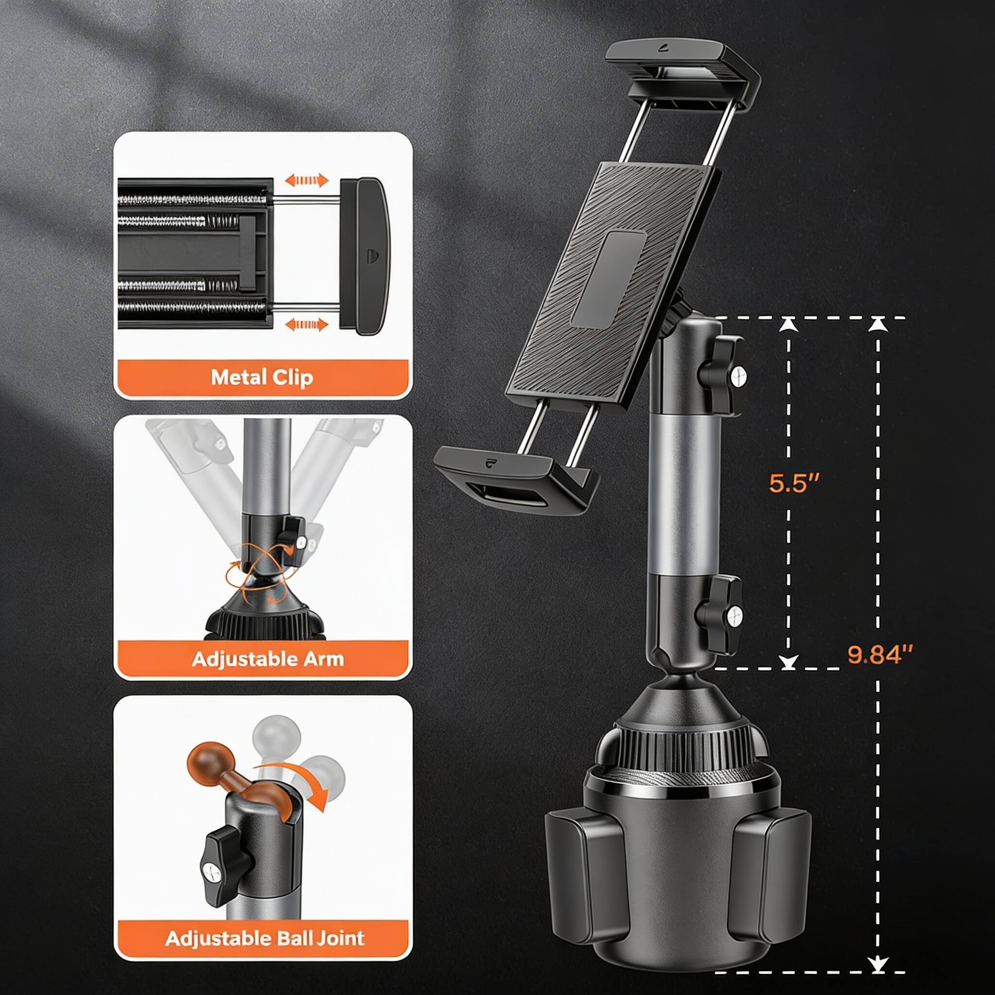 Metal Clip  
5.5" Adjustable Arm  
9.84" Adjustable Ball Joint