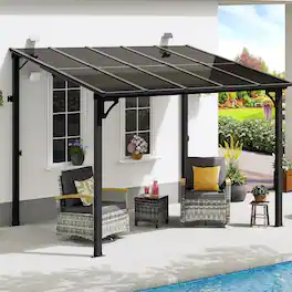 Yardgrace - 8'x 10' Outdoor Wall Mounted Lean-to Gazebo, Heavy Duty Sloped Roof Metal Awning for Patio, Decks & Backyard - Black