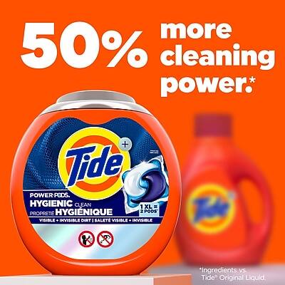 50% more cleaning power*  
Tide POWER PODS  
HYGIENIC CLEAN  
1 XL = 2 PODS  
PROPRET VISIBLE INVISIBLE  
DIRT SALET VISIBLE INVISIBLE  
Ingredients vs. Tide Original Liquid