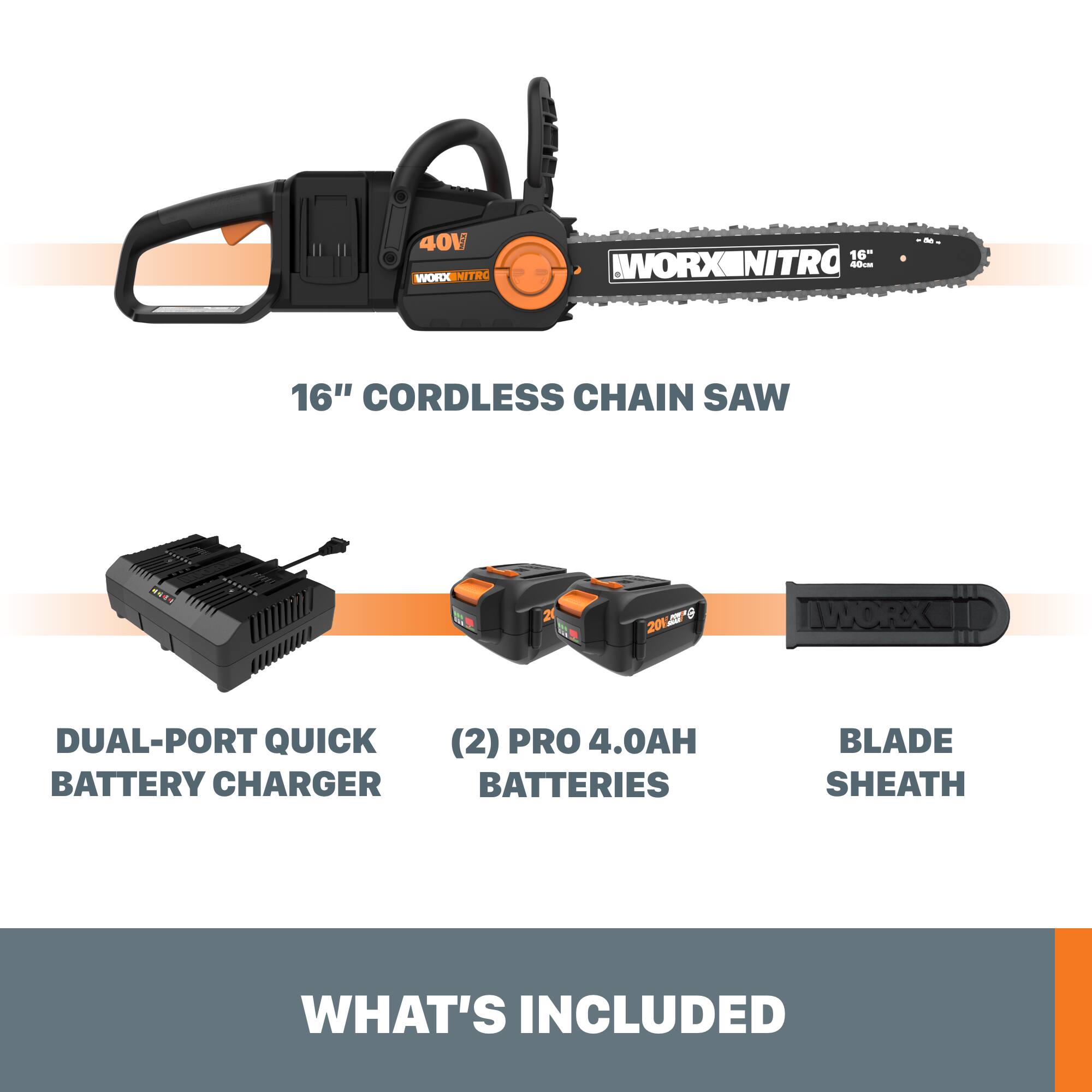Alt View 14. WORX - WG385 40V 16" Cordless Brushless Electric Chainsaw (2 x 4.0 Ah Batteries and 1 x Charger) - Black.