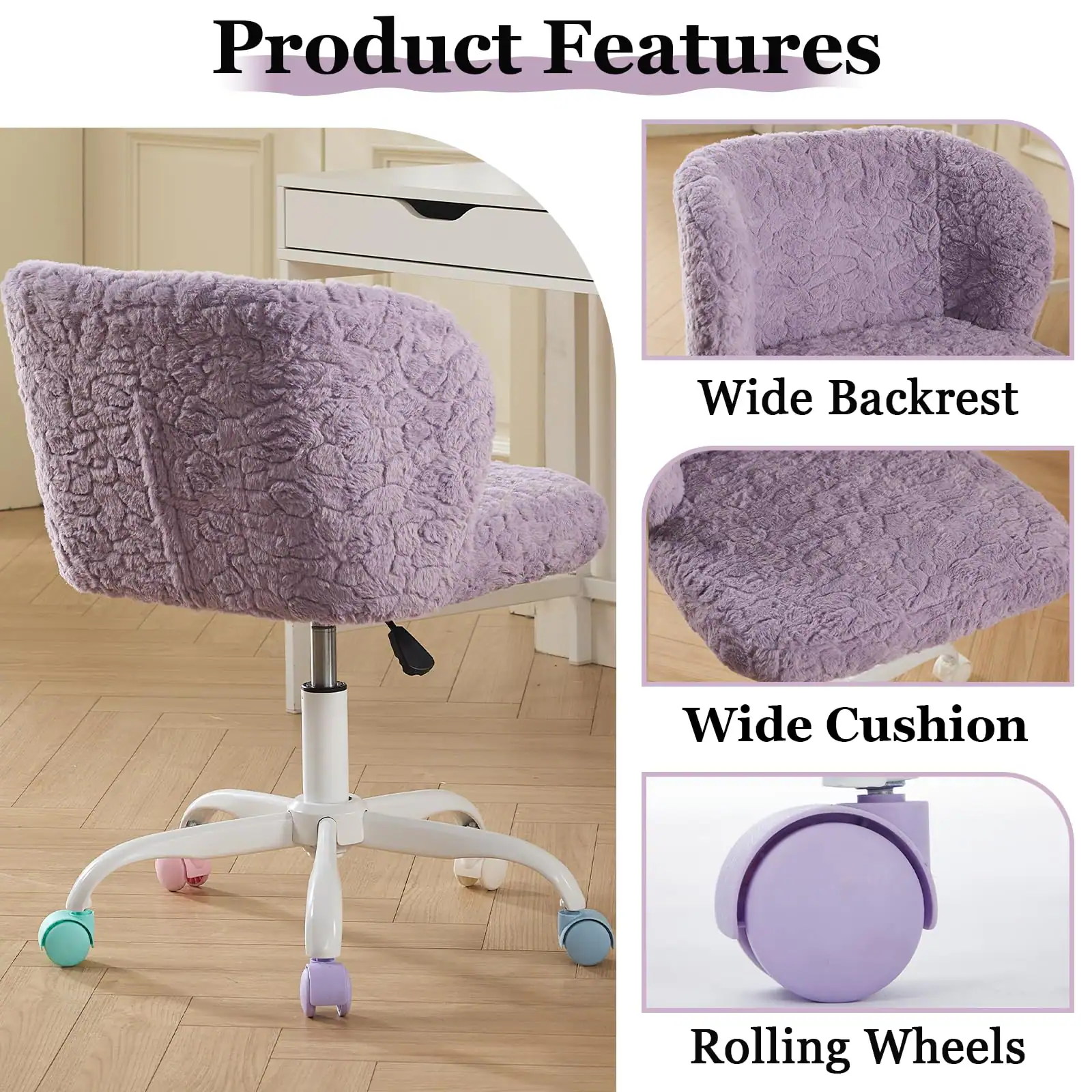 Product Features

- Wide Backrest
- Wide Cushion
- Rolling Wheels