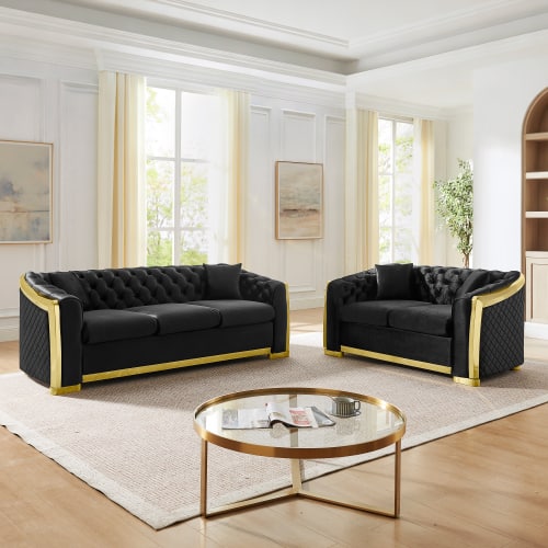 Anysun - Mid-Century Modern 2-Piece Velvet Sofa Set - Chesterfield 3-Seater & Loveseat, Stainless Steel Trim, 4 Pillows - Black