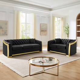 Anysun - Mid-Century Modern 2-Piece Velvet Sofa Set - Chesterfield 3-Seater & Loveseat, Stainless Steel Trim, 4 Pillows - Black