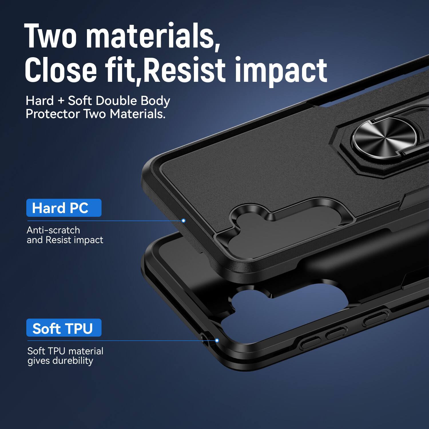 Two materials, Close fit, Resist impact  
Hard + Soft Double Body Protector Two Materials.  
Hard PC  
Anti-scratch and Resist impact  
Soft TPU  
Soft TPU material gives durability