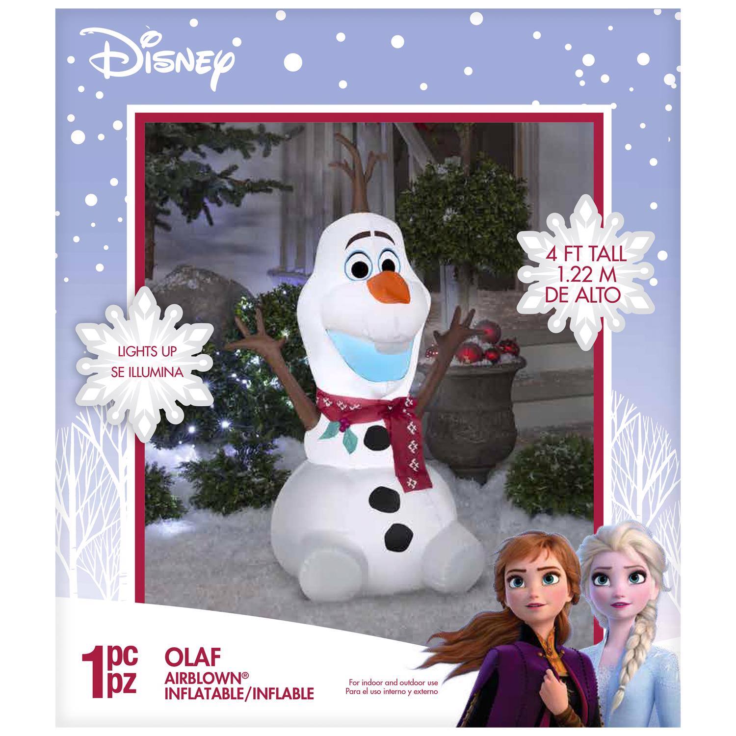 Disney  
4 FT TALL  
1.22 M DE ALTO  
LIGHTS UP  
SE ILLUMINA  
1 PC  
OLAF  
AIRBLOWN®  
INFLATABLE/INFLATABLE  
For indoor and outdoor use  
Para el uso interno y externo