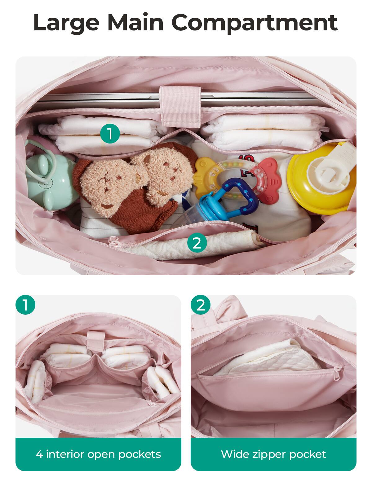 Large Main Compartment

1
2

4 interior open pockets

Wide zipper pocket