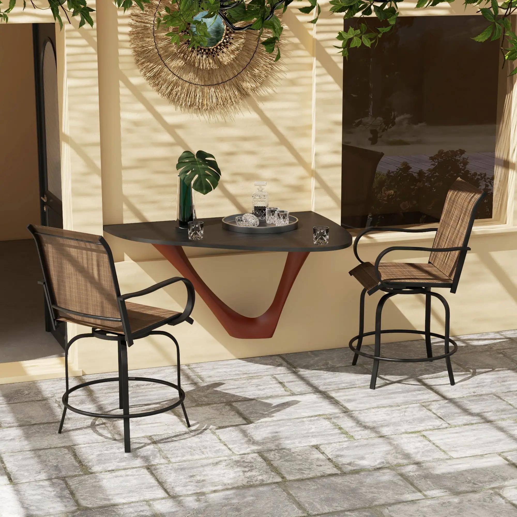 Alt View 7. Resenkos - Resenkos Outdoor Bar Stools Set, 360° Swivel Bar Height Chairs, Steel, Mesh Fabric, Brown - Brown.