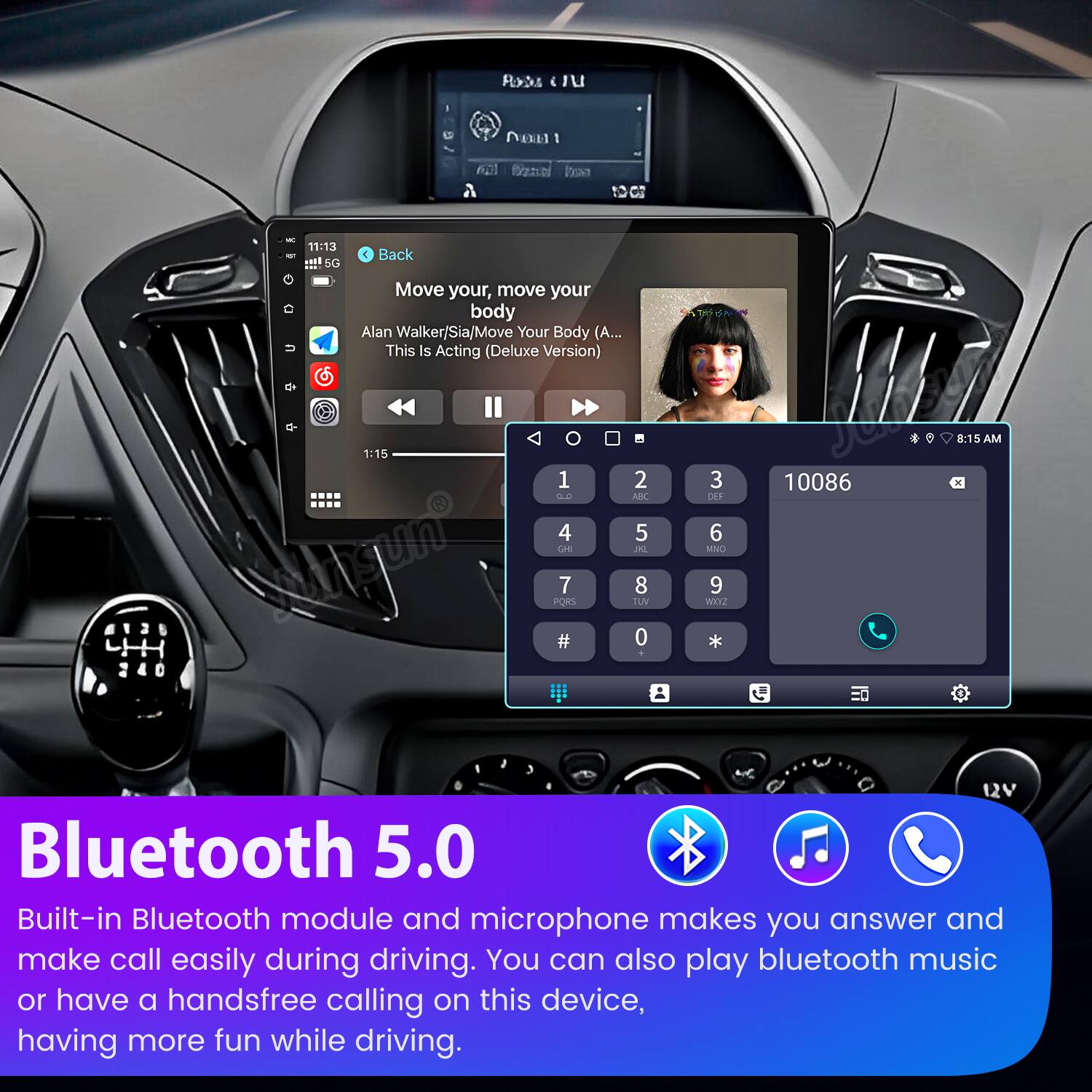 RXs Dn 1 D1 2ran C3 - 11:13 - 4 Back SG Move your, move your body Alan Walker/Sia/Move Your Body (A... This Is Acting (Deluxe Version) 1:15 1 2 0 RBC 4 5 Lan AL .1.. unsun PORS 7 TUM 8 # 0 + 240 THS 3 DEF 6 SNO 9 WI *  8:15 AM 10086 12V Bluetooth 5.0 Built-in Bluetooth module and microphone makes you answer and make call easily during driving. You can also play bluetooth music or have a handsfree calling on this device, having more fun while driving.