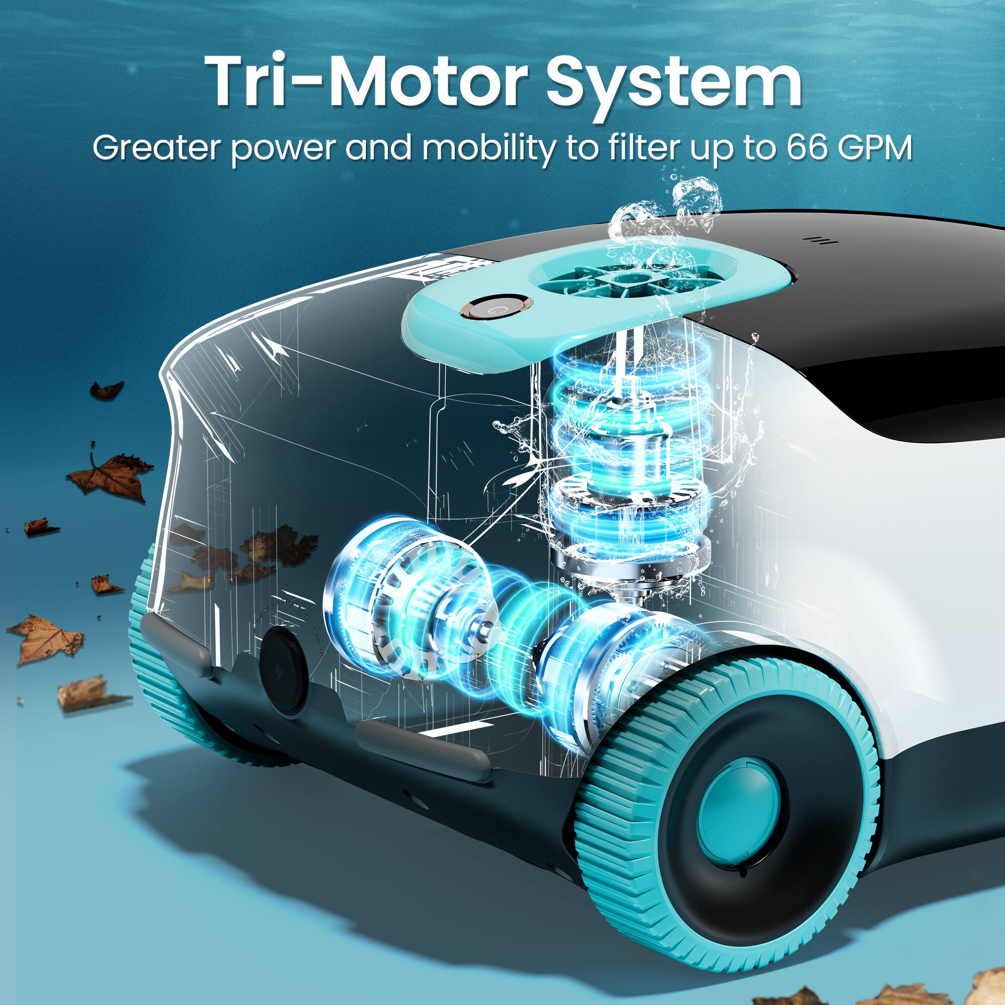 Tri-Motor System  
Greater power and mobility to filter up to 66 GPM