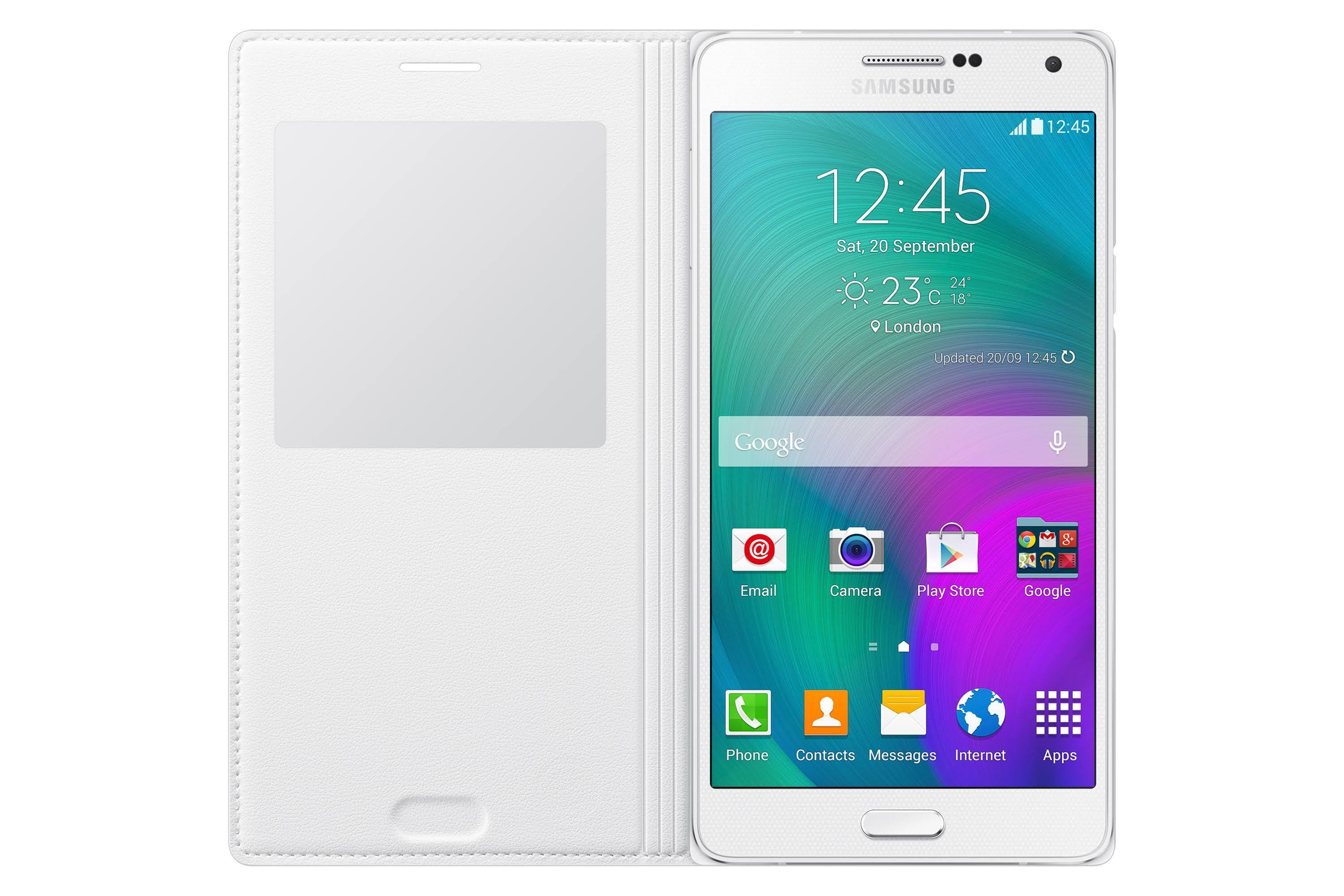 SAMSUNG  
12:45  
Sat, 20 September  
23°C 24° 18°  
London  
Updated 20/09 12:45  

Google  
Email  
Camera  
Play Store  
Google  
Phone  
Contacts  
Messages  
Internet  
Apps