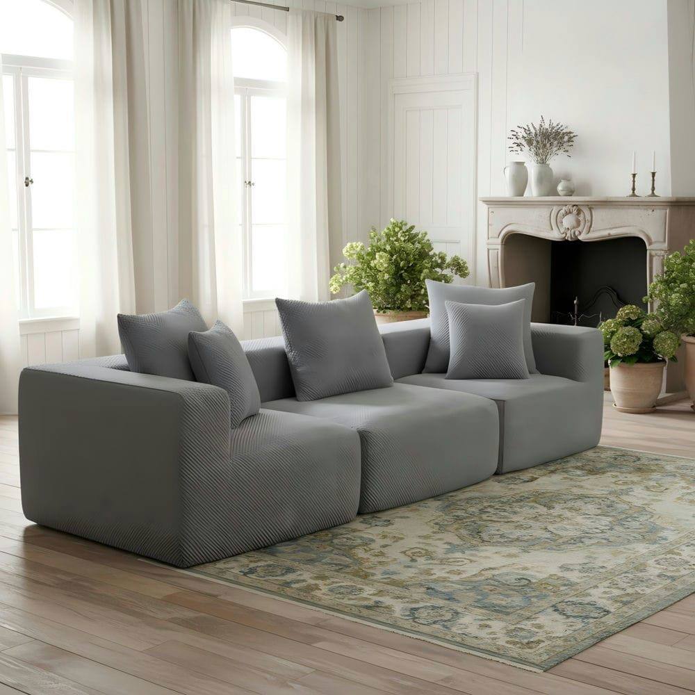 Angle. Resenkos - Modular 3-Seat Sectional Sofa, All-Foam Deep Seat Chenille, Low Profile - Gray.