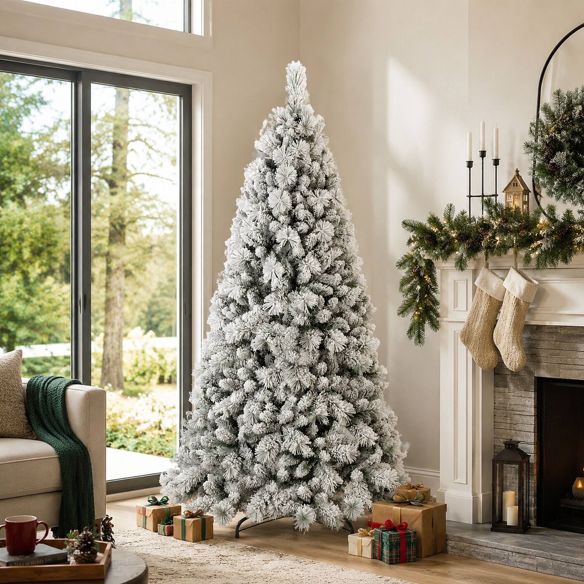 Back. RYHNUYNE - 6FT Flocked Christmas Tree, 752 Snowy PVC Hard Needle Branches Hinged Design Easy Setup Stable Metal Stand - Green,White.