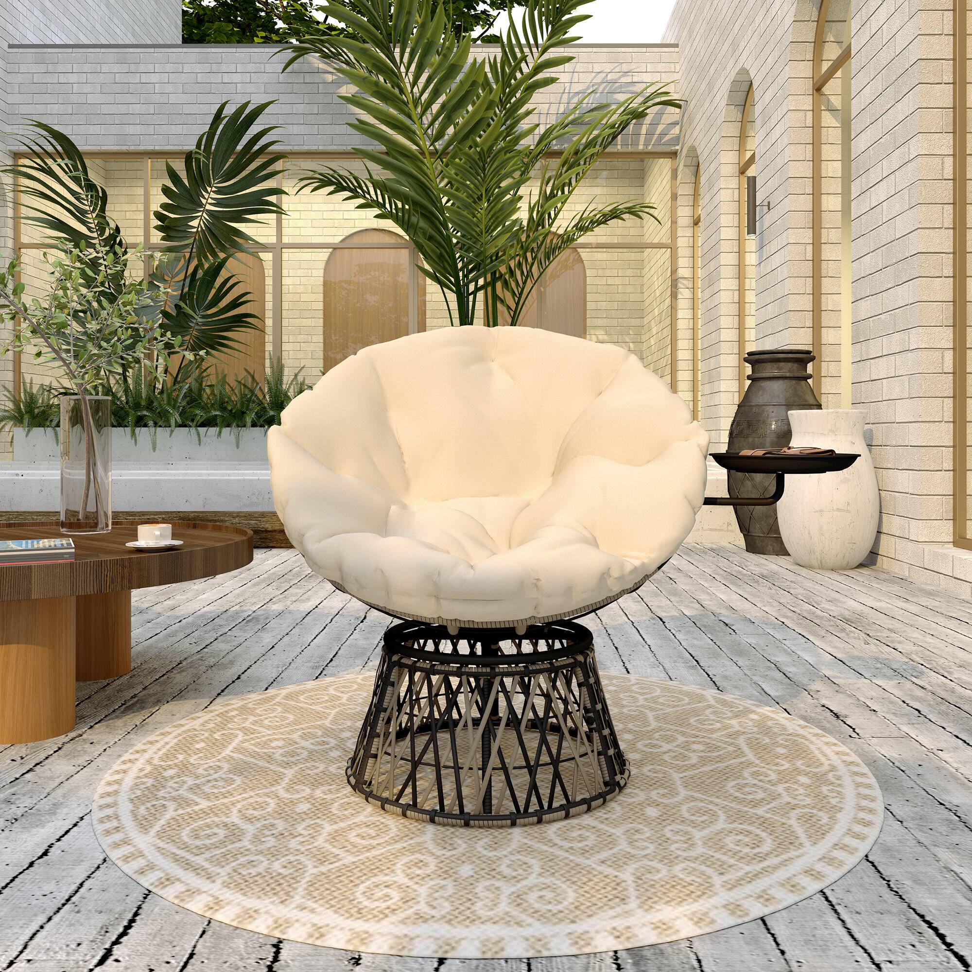 Alt View 8. Outsunny - 39" Outdoor Papasan Chair with Side Tray, 360° Swivel Overstuffed Circle Chair with Thickened Cushion - Beige.