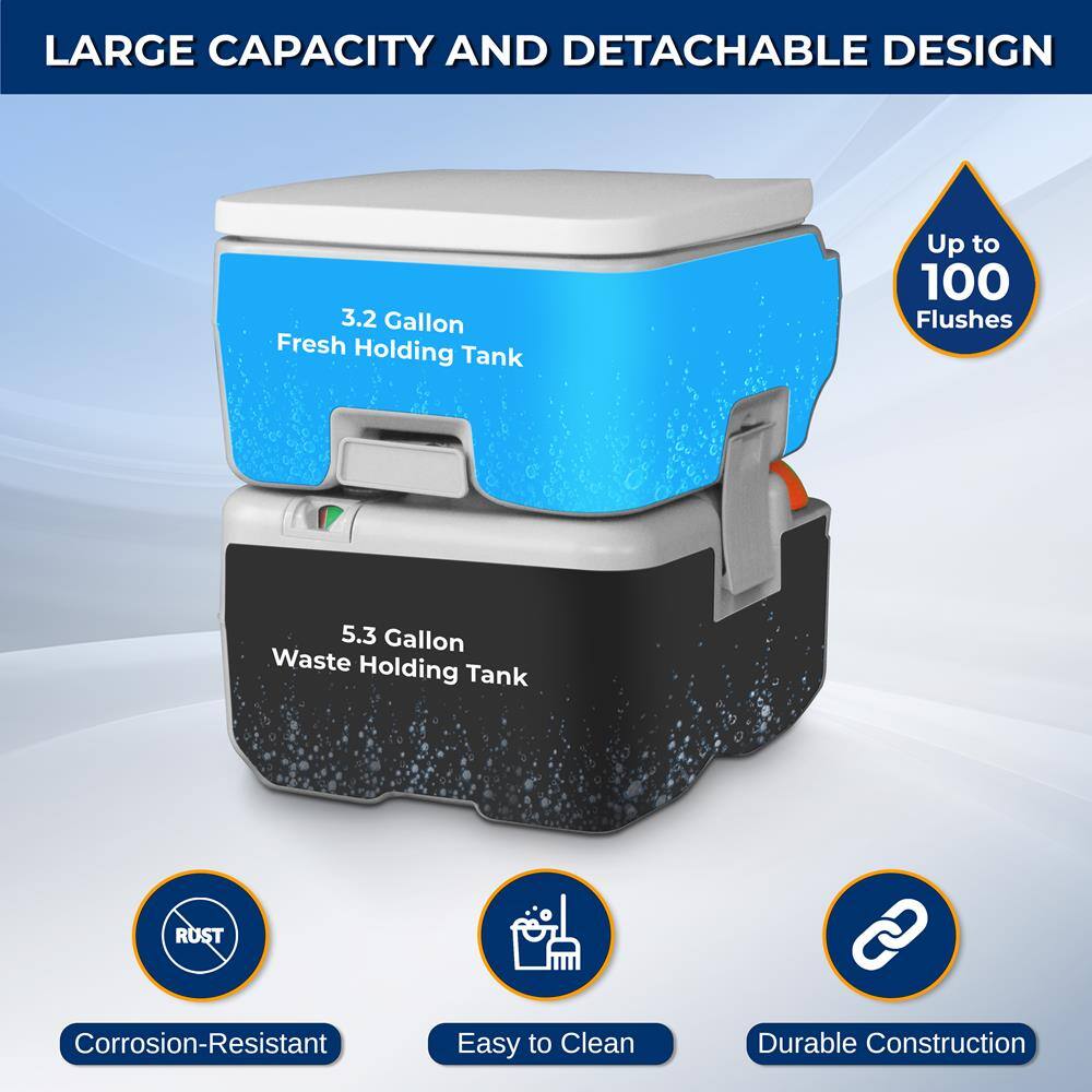 LARGE CAPACITY AND DETACHABLE DESIGN

3.2 Gallon Fresh Holding Tank
Up to 100 Flushes

5.3 Gallon Waste Holding Tank

RUST Corrosion-Resistant
Easy to Clean
Durable Construction