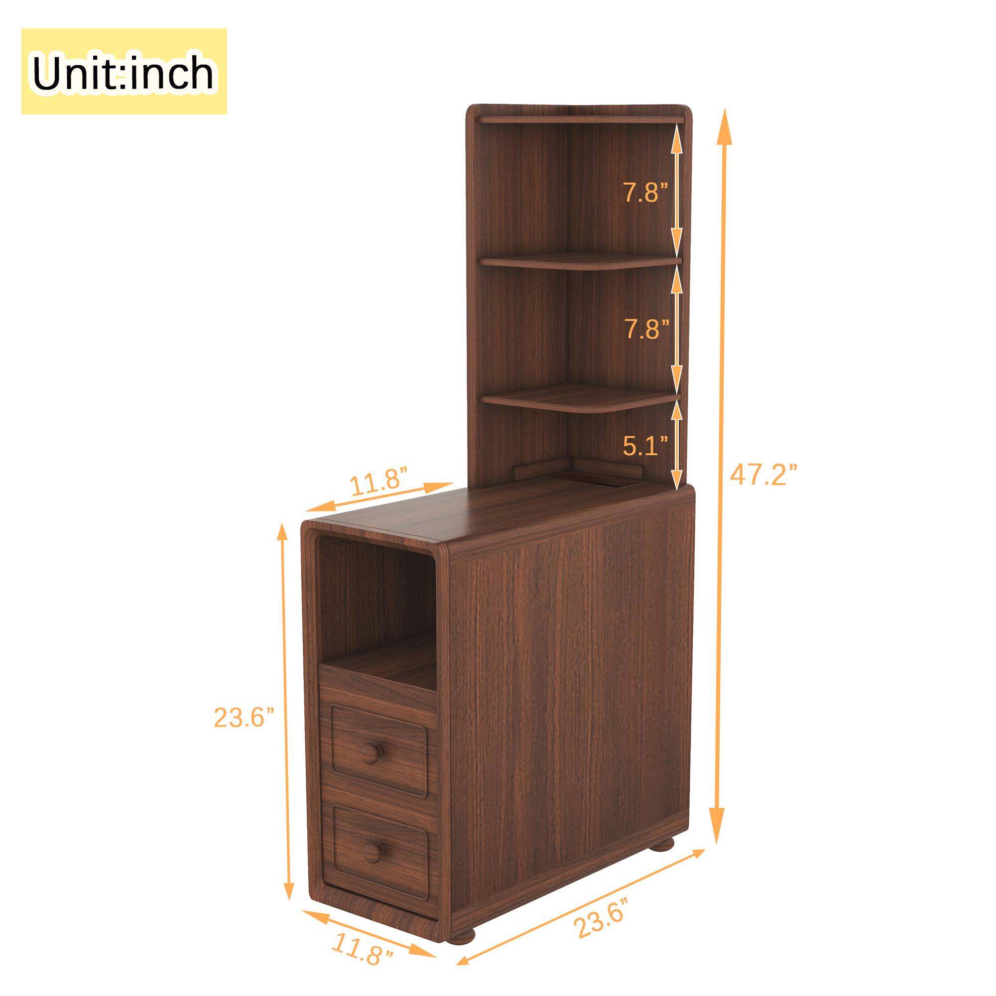 Unit: inch

- Height: 47.2"
- Width: 23.6"
- Depth: 11.8"
- Shelf 1: 7.8"
- Shelf 2: 7.8"
- Shelf 3: 5.1"
- Drawer 1: 11.8"
- Drawer 2: 11.8"