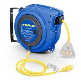 Goodyear - Extension Cord Reel – 12AWG x 40 Ft SJTOUW Cable, LED Tap, NEMA 5-15R, Triple Outlet, Heavy-Duty Poly Case - Blue