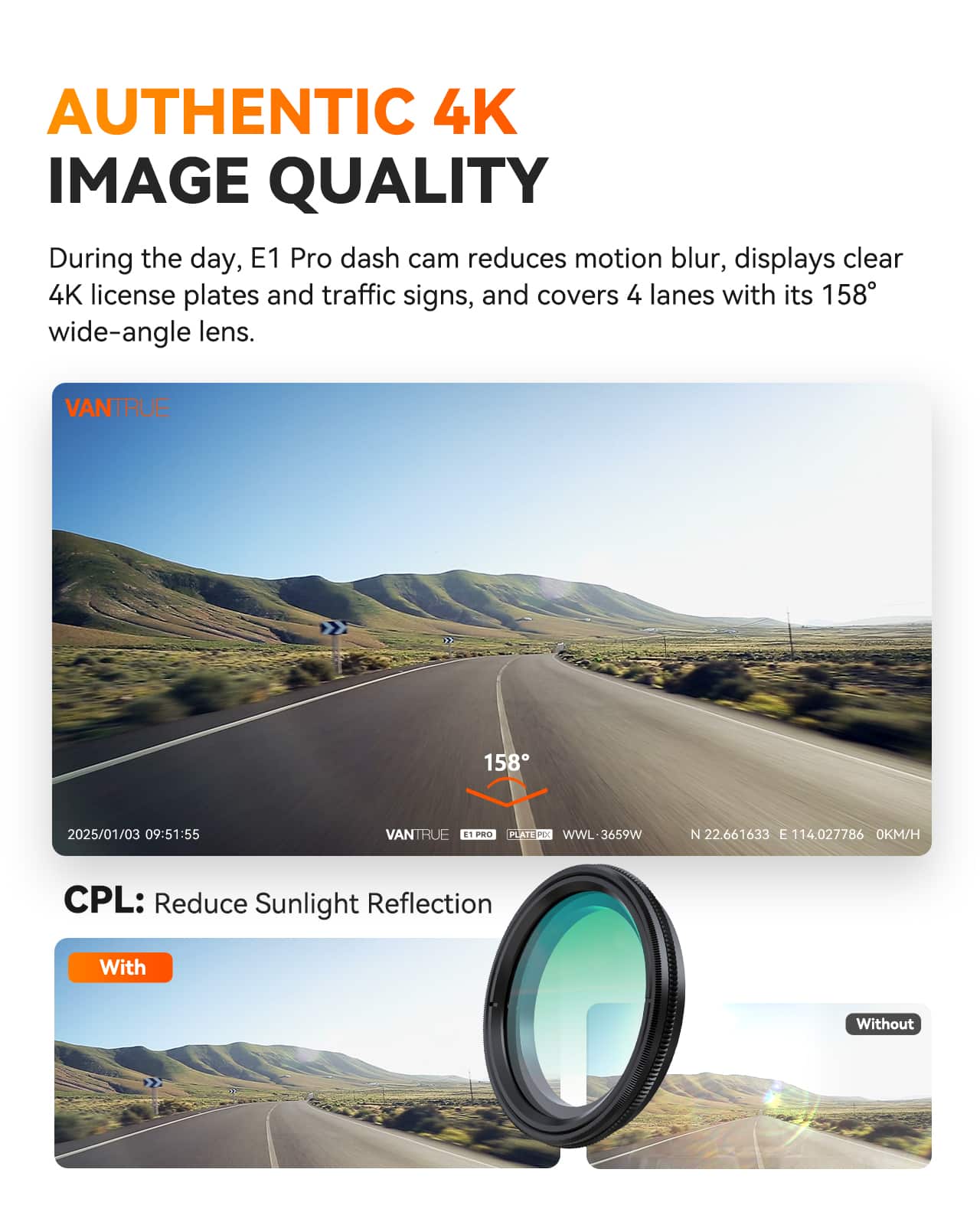 AUTHENTIC 4K IMAGE QUALITY

During the day, E1 Pro dash cam reduces motion blur, displays clear 4K license plates and traffic signs, and covers 4 lanes with its 158° wide-angle lens.

VANTRUE 158°

CPL: Reduce Sunlight Reflection

With

Without