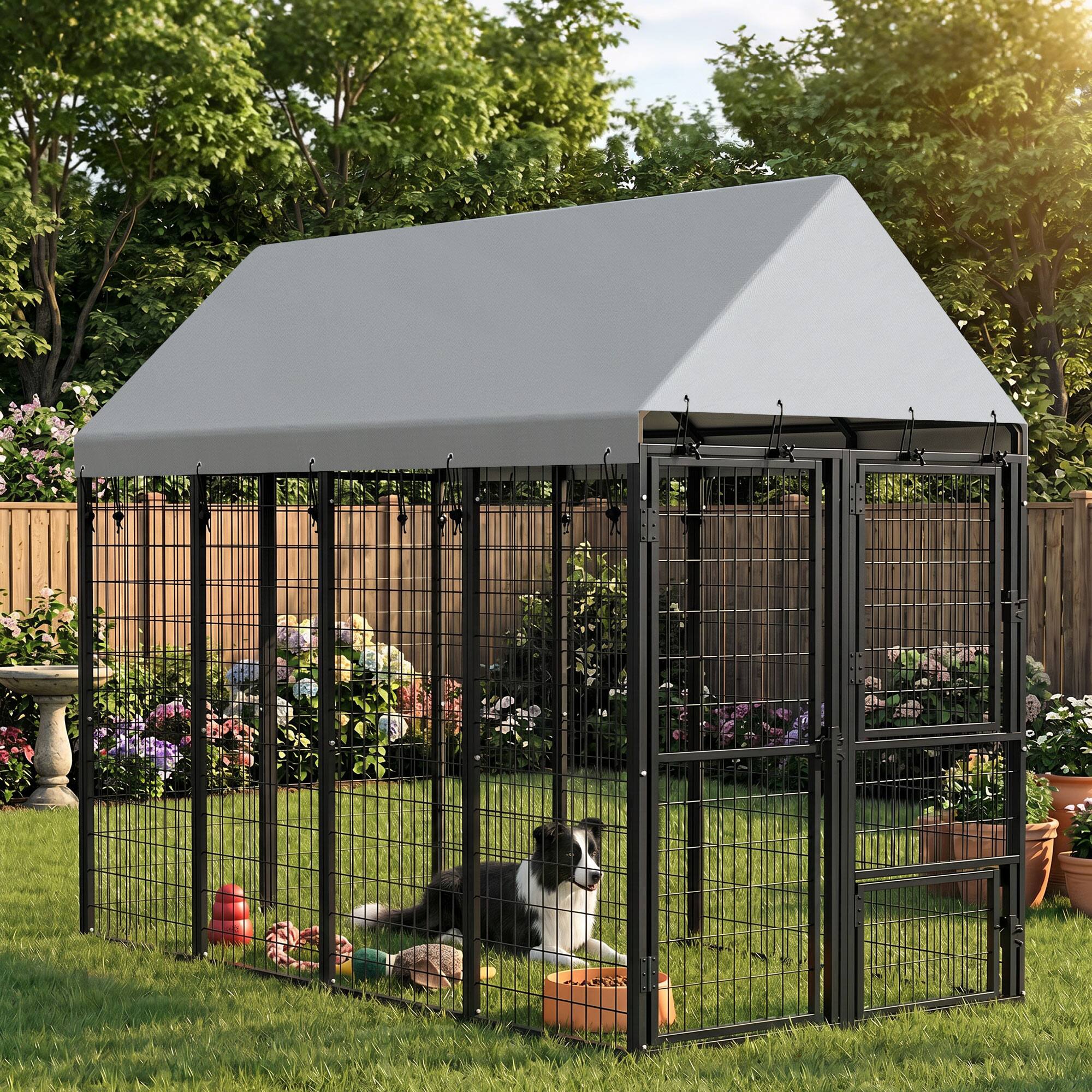 Alt View 1. Pawhut - Dog Kennel Outdoor with Roof, 3 Doors, Expandable Heavy Duty Dog Kennel Dog Run for All Breed Sizes - Black.