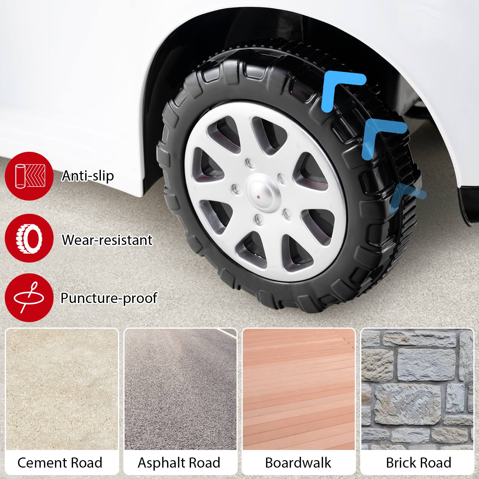 Anti-slip  
Wear-resistant  
Puncture-proof  

Cement Road  
Asphalt Road  
Boardwalk  
Brick Road