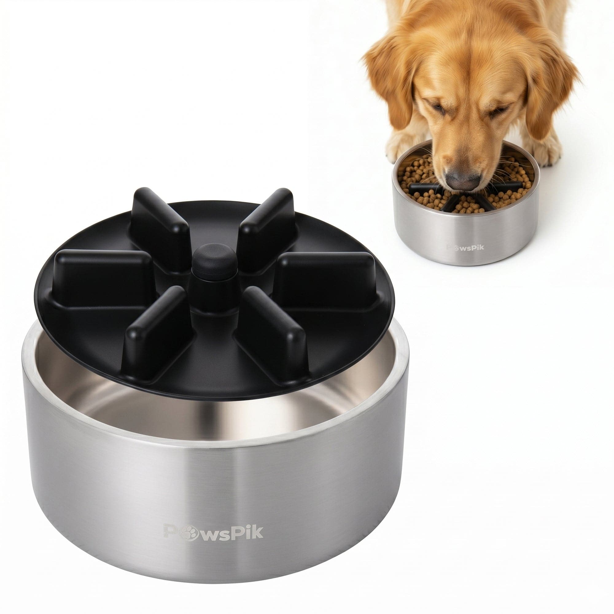PawsPik - Stainless Steel Double Wall Slow-Feed Puzzle Dog Bowl, 64-oz - Arctic Steel Silver