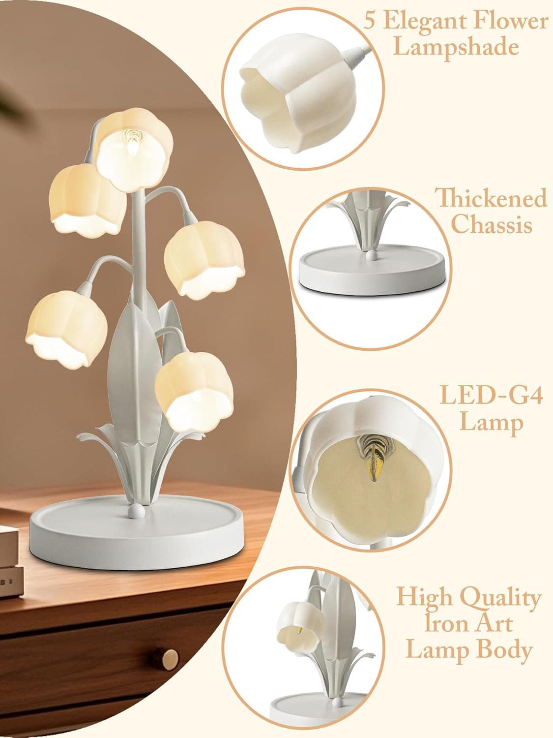5 Elegant Flower Lampshade  
Thickened Chassis  
LED-G4 Lamp  
High Quality Iron Art Lamp Body