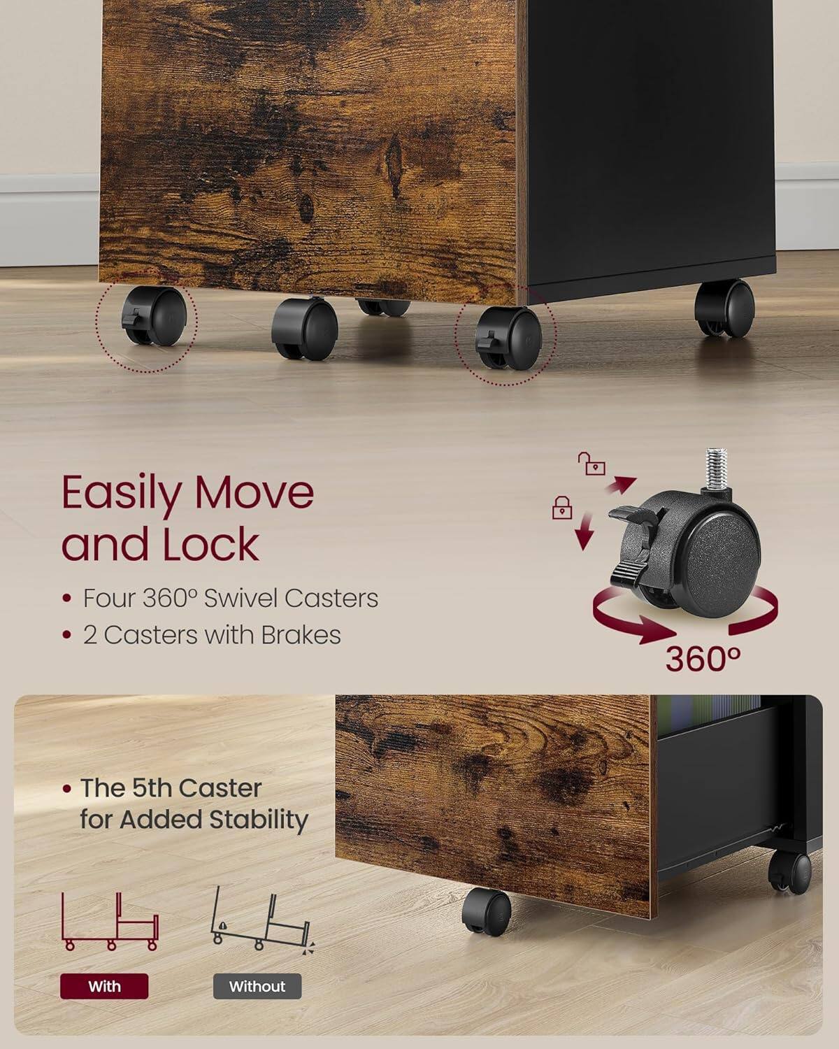 Easily Move and Lock
Four 360° Swivel Casters
2 Casters with Brakes
The 5th Caster for Added Stability
With
Without