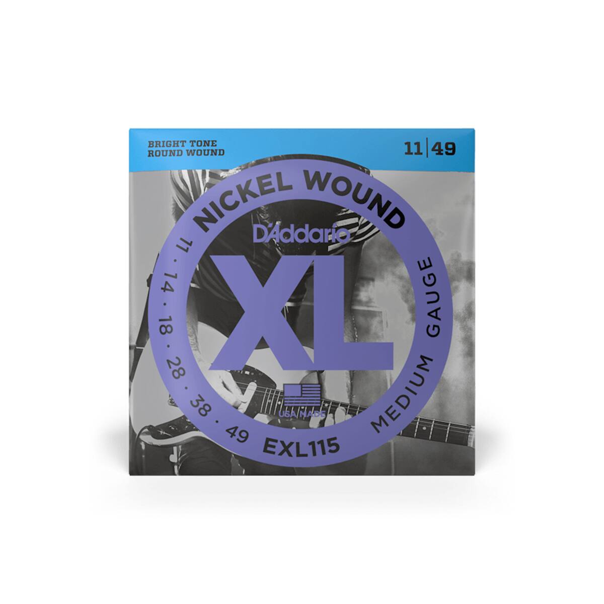 BRIGHT TONE ROUND WOUND  
11 | 49 NICKEL WOUND  
D'Addario  
XL  
71 - 14 14 18 XE GAUGE  
28 38 49  
U5A/MADG  
MEDIUM  
EXL115