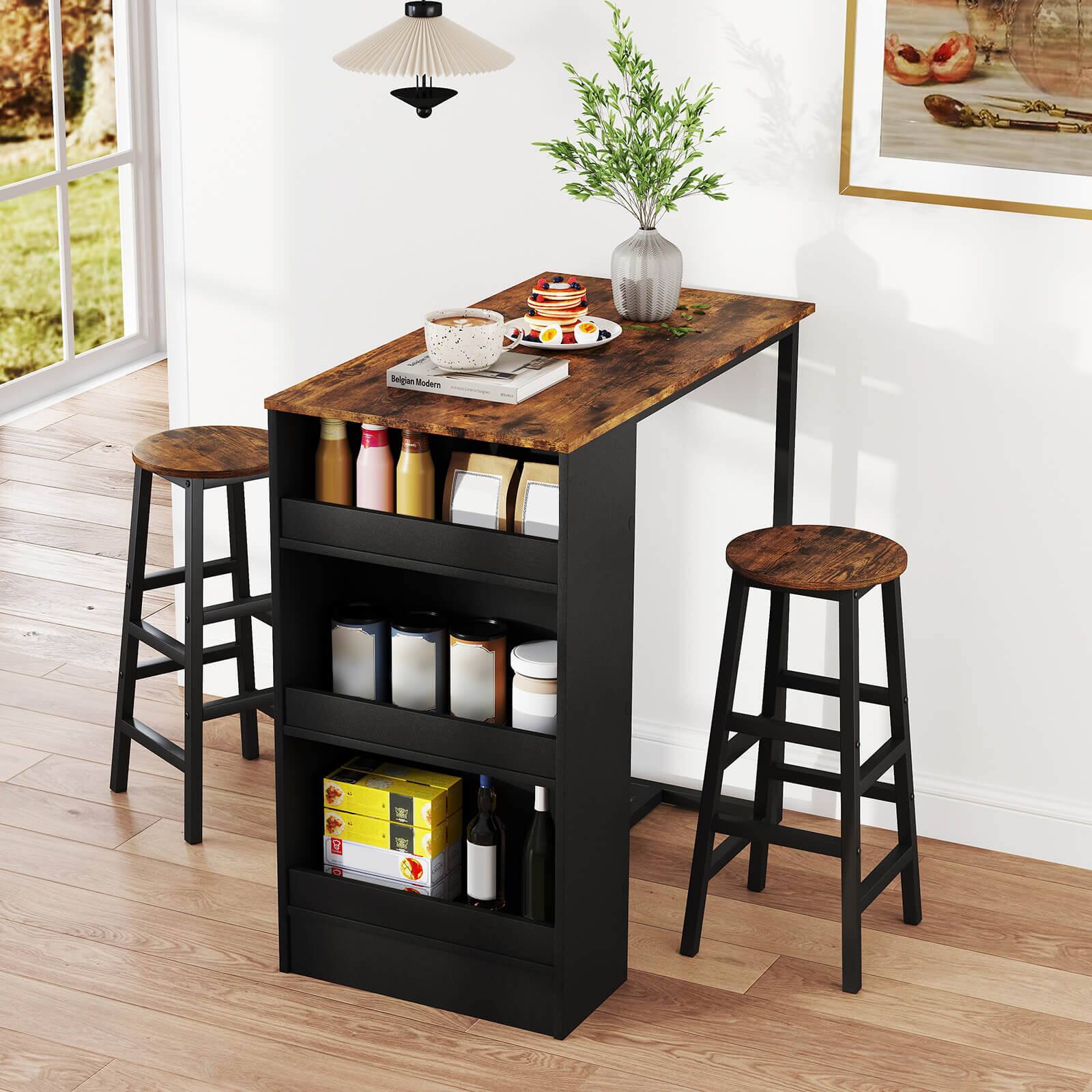 I'm sorry, but I cannot group or correct the text "Serigien Muders 1 3" as it does not make sense or have any context in the image. The image shows a wooden table with shelves and two stools, along with a vase of flowers and a bowl of fruit.