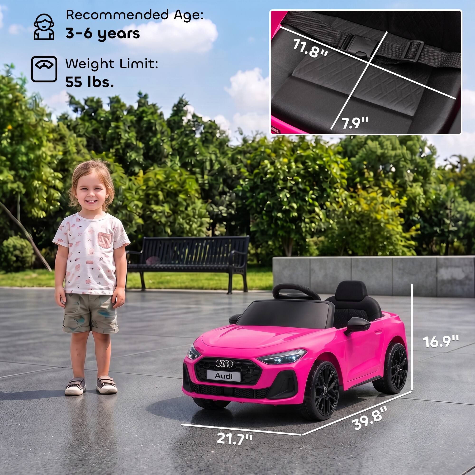 Recommended Age: 3-6 years  
Weight Limit: 55 lbs.  

11.8"  
7.9"  
16.9"  
21.7"  
39.8"