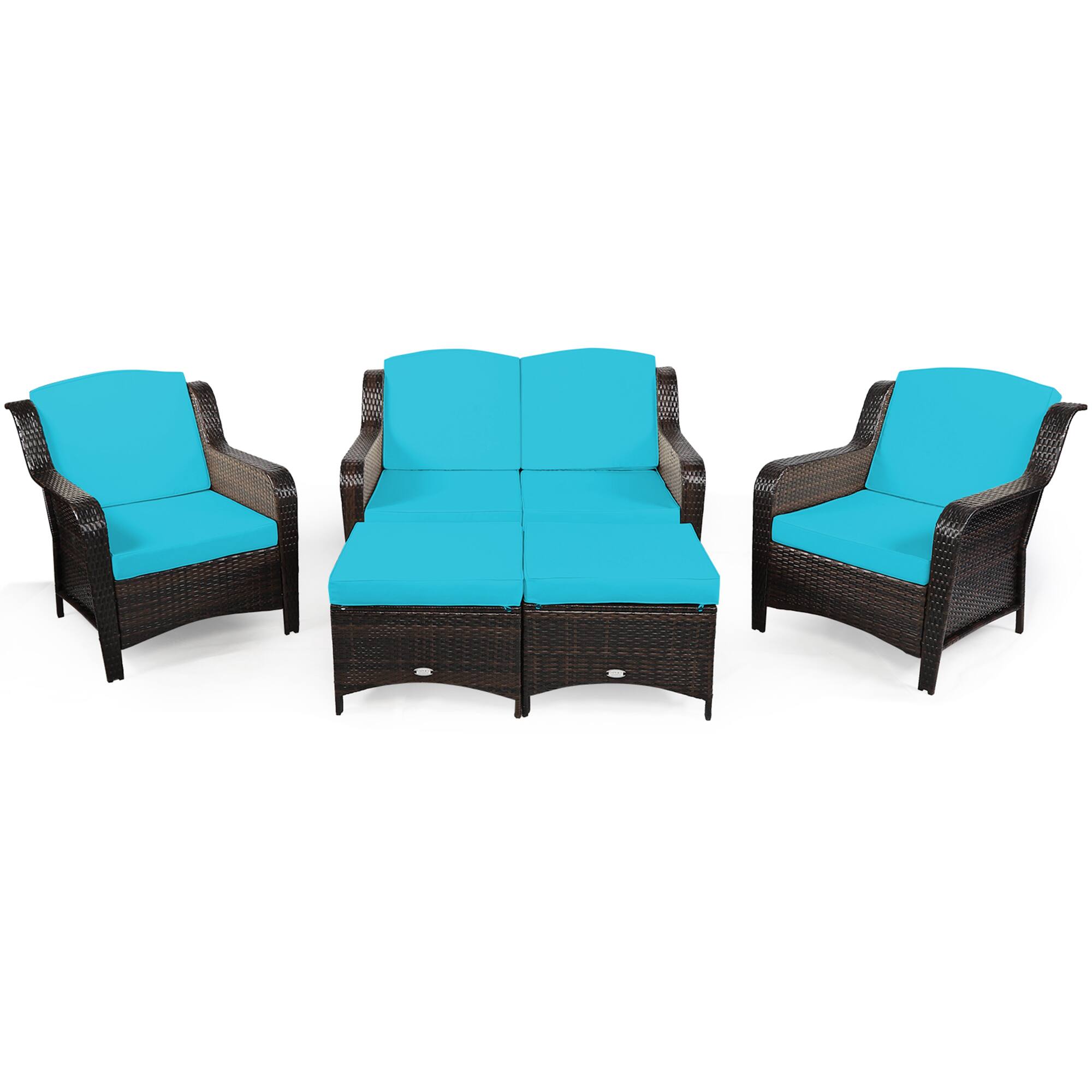 Alt View 2. Gymax - Gymax 5PCS Rattan Patio Conversation Sofa Furniture Set Outdoor w/ Turquoise Cushions - Turquoise.