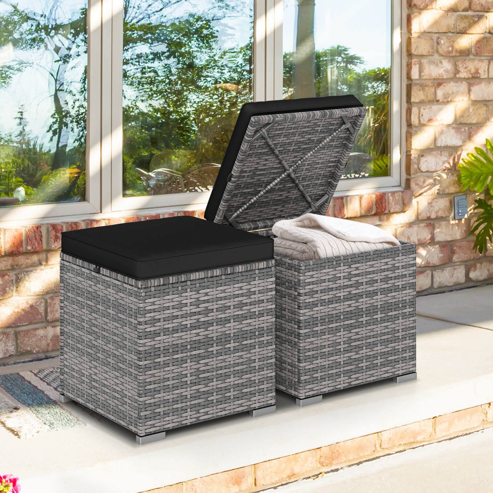Alt View 1. Costway - Costway 2PCS Patio Rattan Ottomans Seat Side Table Storage Box Footstool with Cushion - Black+Gray.