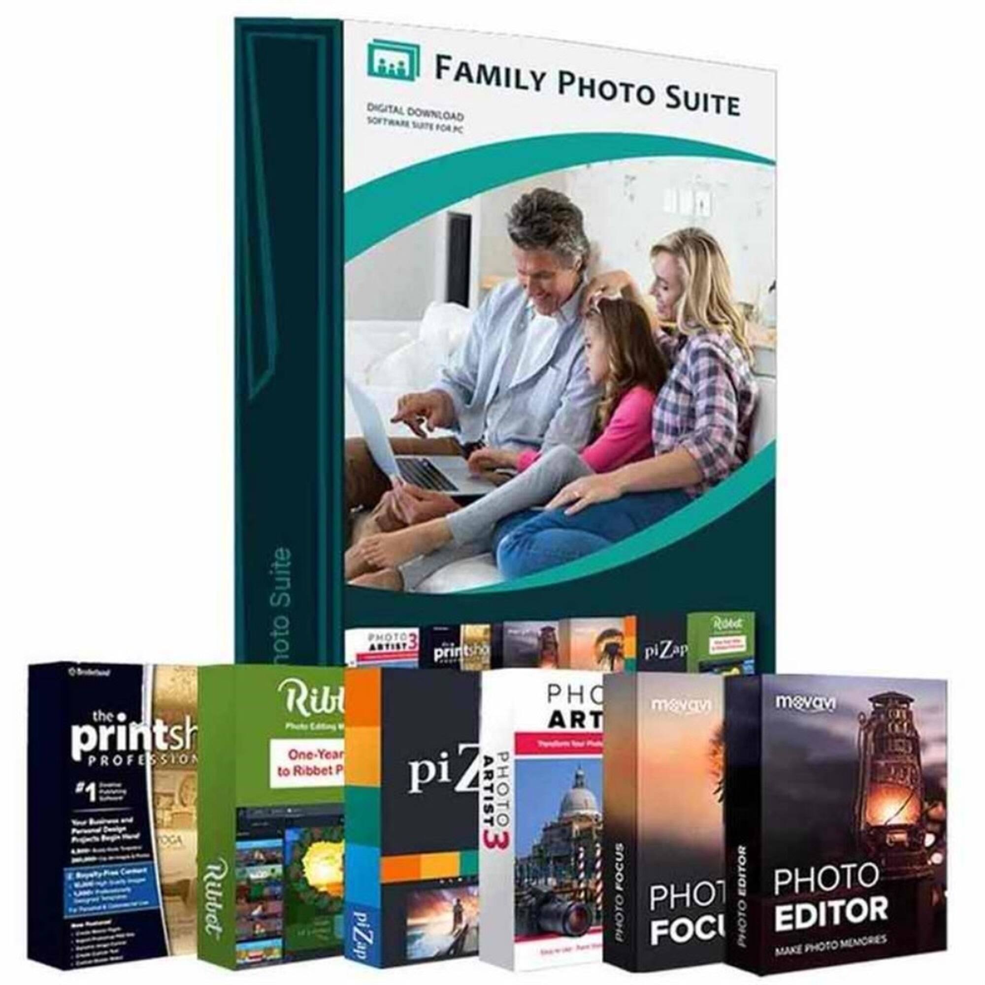 FAMILY PHOTO SUITE  
DIGITAL DOWNLOAD  
SOFTWARE SUITE FOR PC  

PHOTO SUITE  

PHOTO ARTIST  
PHOTO FOCUS  
PHOTO EDITOR  
MAKE PHOTO MEMORIES  

printsh PROFESSION  
#1  
Your Business and Personal Photos Look Their Best  

Ribbet  
One-Year to Ribbet P  

piZap  
PHOTO ARTIST  
PHOTO FOCUS  
PHOTO EDITOR  

mavavi  
PHOTO EDITOR  
MAKE PHOTO MEMORIES