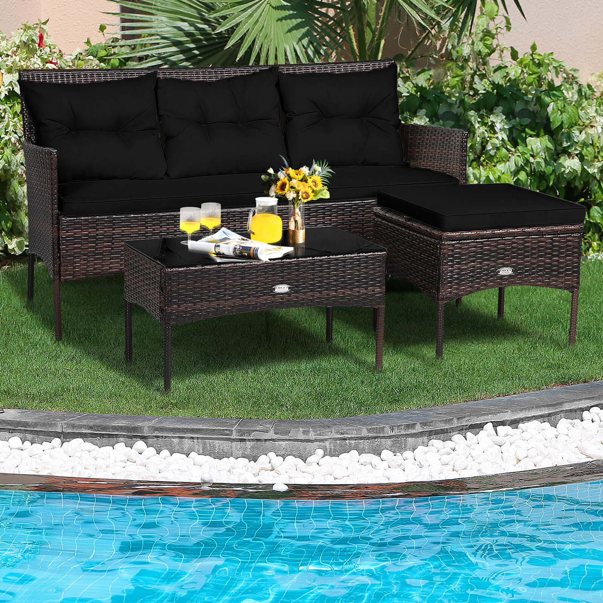 Alt View 3. Costway - Costway 3 PCS Patio Rattan Furniture Set 3-Seat Sofa Cushioned Table Garden - Black.