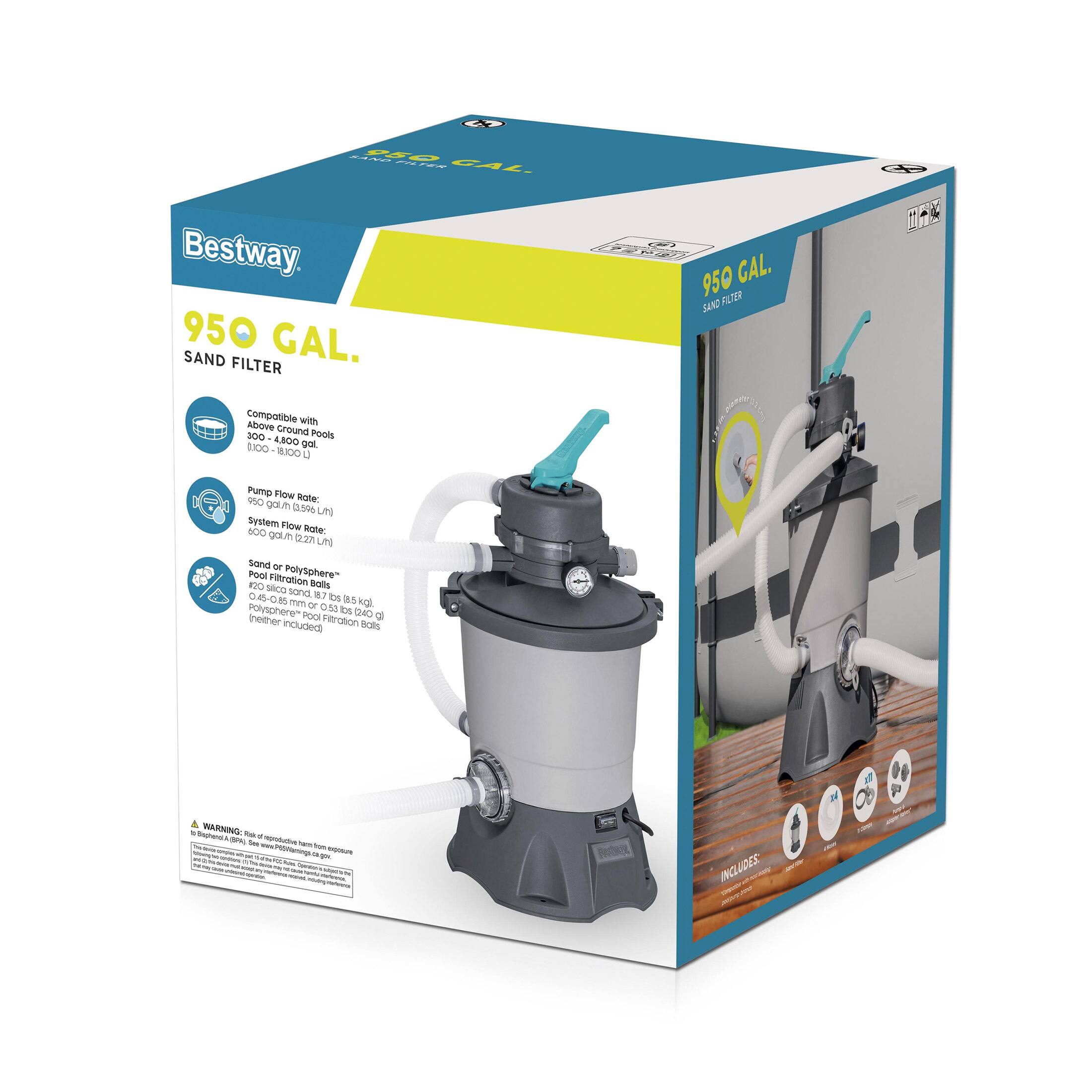 ad GD -- - - Gat Bestway 950 GAL. SAND FILTER .. 950 GAL. SAND FILTER compatible with above ground pools 300 - 4,800 L 1,000 - 1,800 GAL. Pump Flow rate: 950 gal/min (3,590 L/h) System Flow rate: 600 gal/min (2,271 L/h) Sand or Polysphere® Pool sand 1200 silica sand Balls (2.5 kg) Polysphere® 2.5 mm or 0.53 lbs./gal. (ether included) INCLUDES: