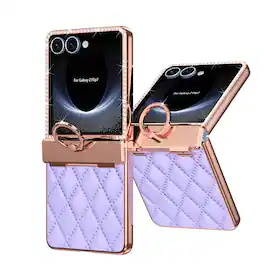 Dteck - Case For Samsung Galaxy Z Flip8 Women Girls Plating Glitter Diamond Shockproof Leather Ring Stand Cover Hinge Protection - Purple