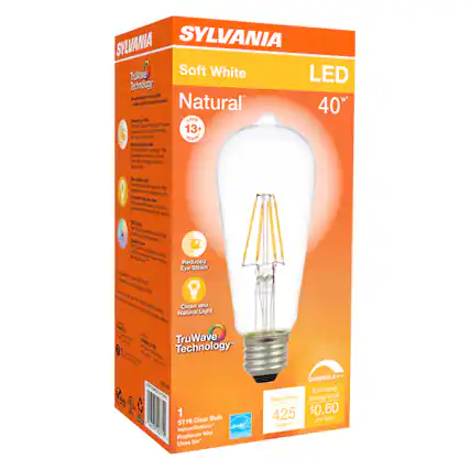 SYLVANIA
Soft White LED
Natural
40W
13+ Years
TruWave Technology
Reduced Eye Strain
Clean and Natural Light
1 ST19 Clear Bulb
Indoor/Outdoor
Replaces 40W
Uses 5W*
DIMMABLE
Brightness: 425 lumens
Estimated Energy Cost: $0.60 per year