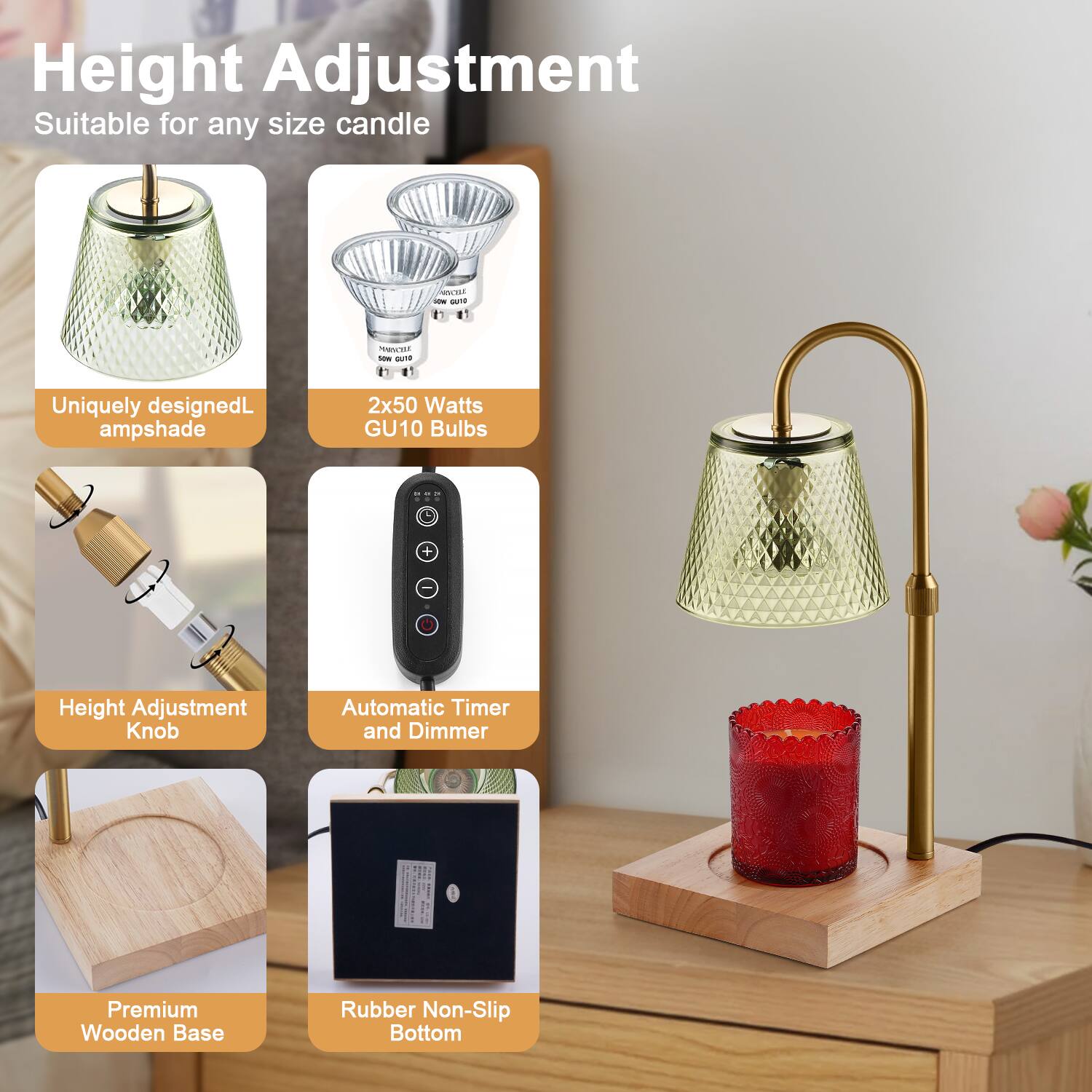 Height Adjustment  
Suitable for any size candle  

- Uniquely designed lampshade  
- 2x50 Watts GU10 Bulbs  
- Height Adjustment Knob  
- Automatic Timer and Dimmer  
- Premium Wooden Base  
- Rubber Non-Slip Bottom