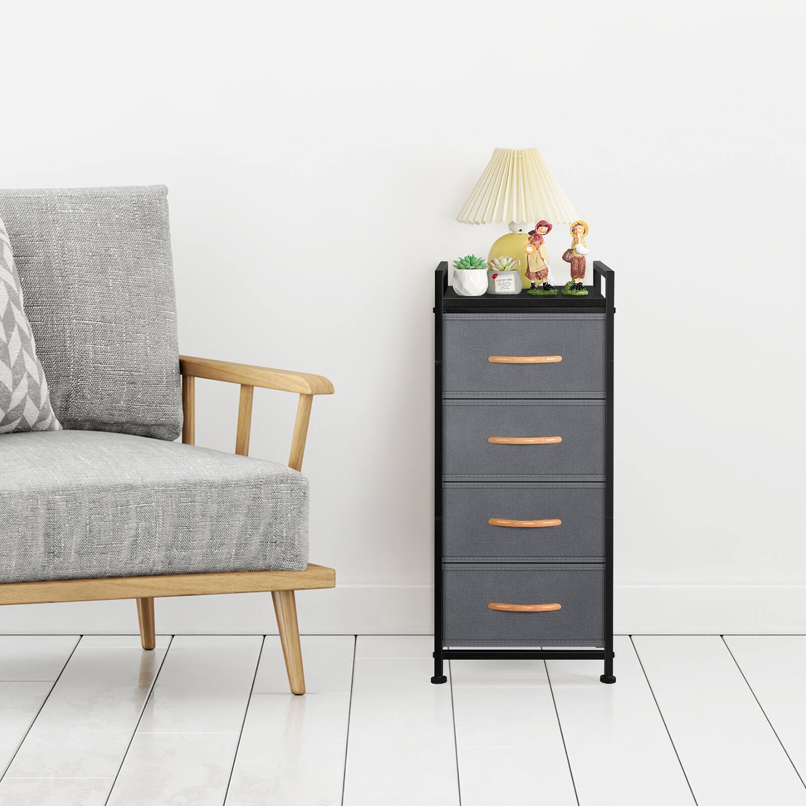 Angle. Oumilen - 4-Drawer Rolling Fabric Storage Cart with Wood Top & Gray Drawers, Gray - Gray.