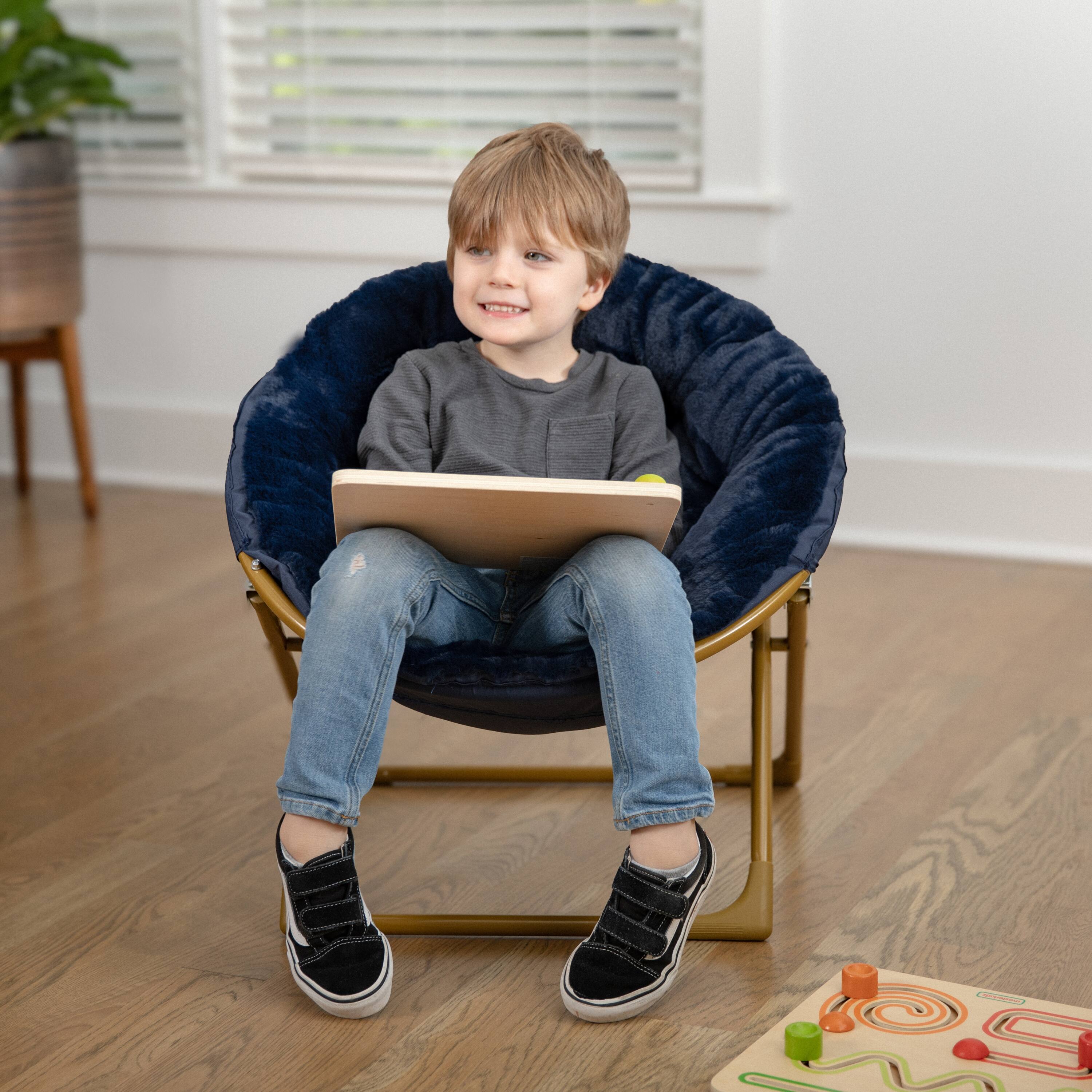 Alt View 4. Emma + Oliver - Io Kid's Folding Saucer Chair with Cozy Faux Fur Upholstery and Metal Frame for Playroom, Bedrooms, Nursery and More - Navy Faux Fur/Soft Gold Frame.