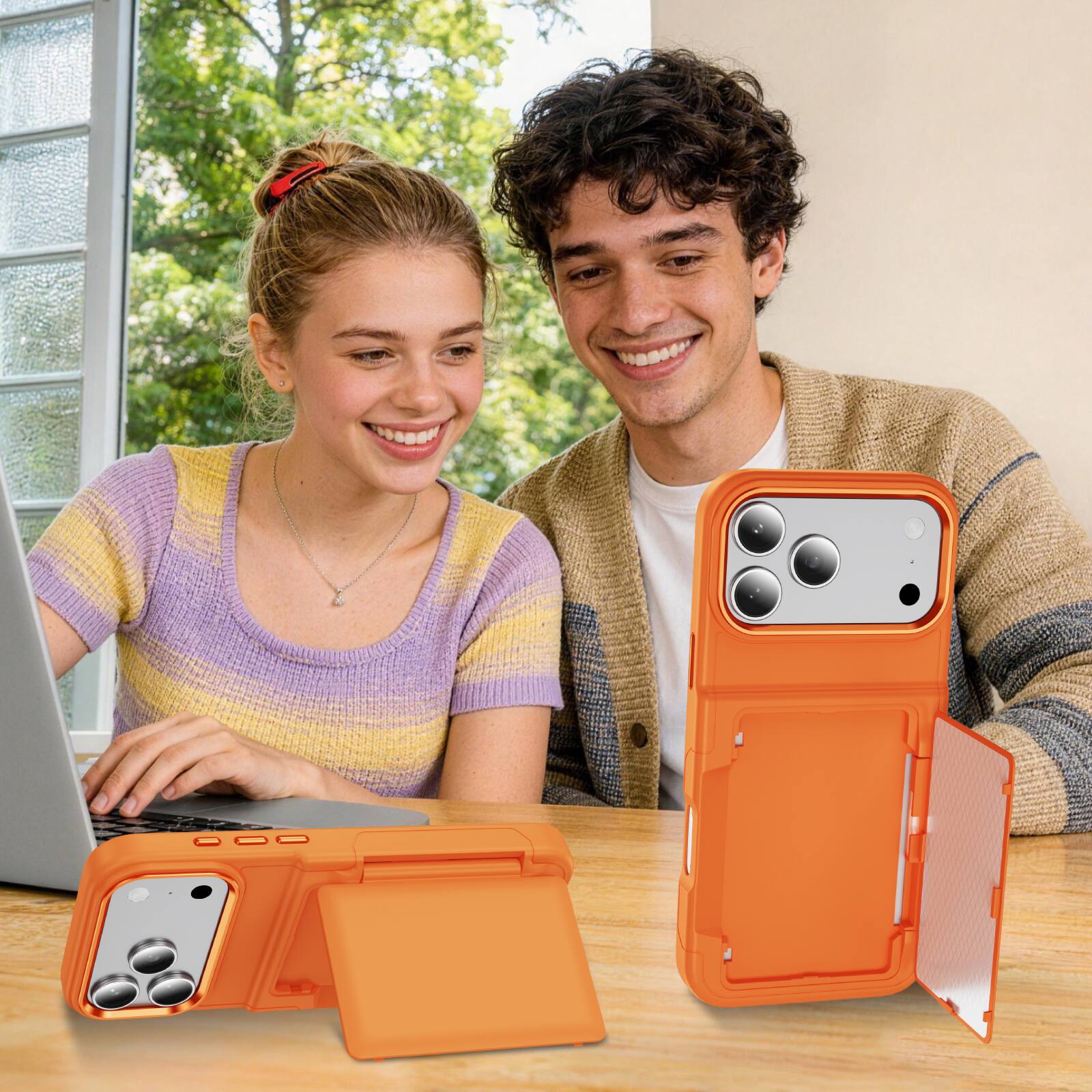 Alt View 2. Dteck - RFID Wallet Case for Apple iPhone 17 Pro, Shockproof Drop Protection Cover with Hidden Card Slot and Kickstand - Orange.
