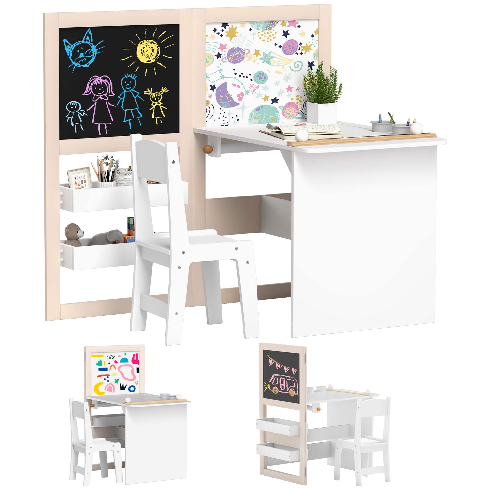 Qaba - in 1 Kids Table and Chair Set with Storage, Whiteboard - White price history on PriceWatchPro