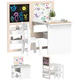 Qaba - in 1 Kids Table and Chair Set with Storage, Whiteboard - White