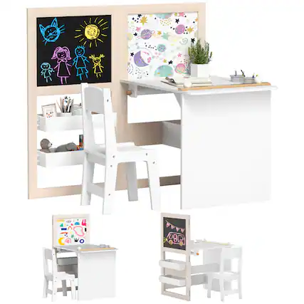 Front. Qaba - in 1 Kids Table and Chair Set with Storage, Whiteboard - White.