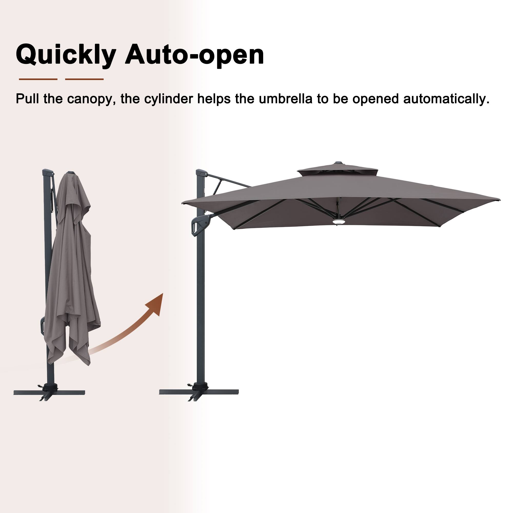 Quickly Auto-open  
Pull the canopy, the cylinder helps the umbrella to be opened automatically.