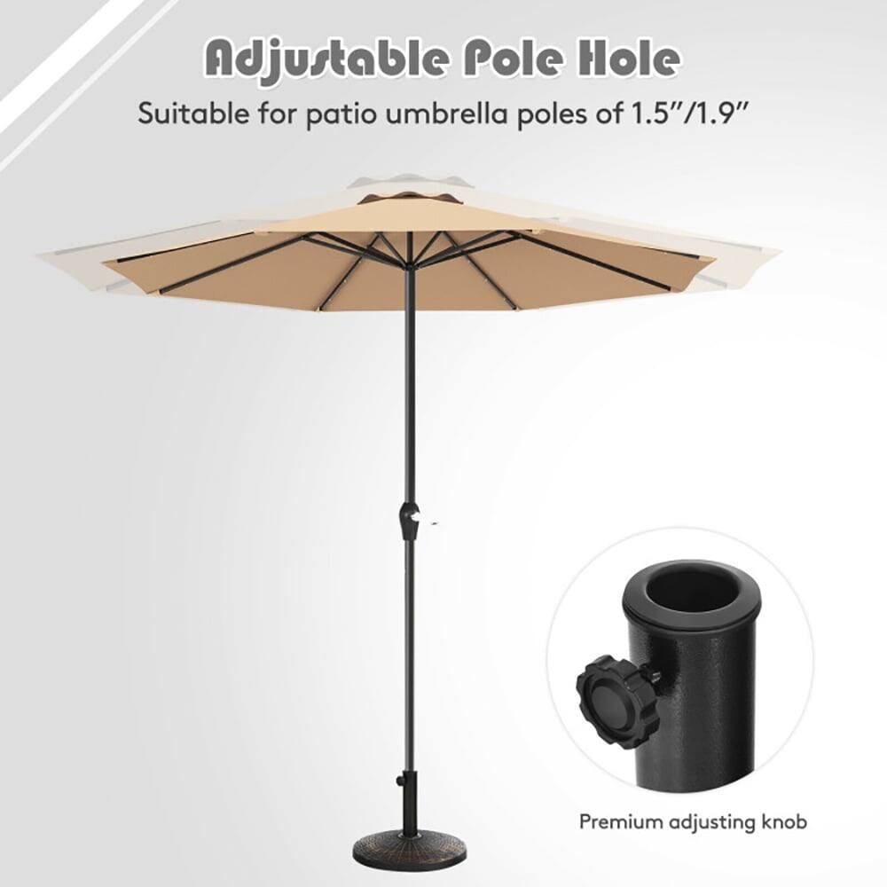 Adjustable Pole Hole  
Suitable for patio umbrella poles of 1.5"/1.9"  
Premium adjusting knob