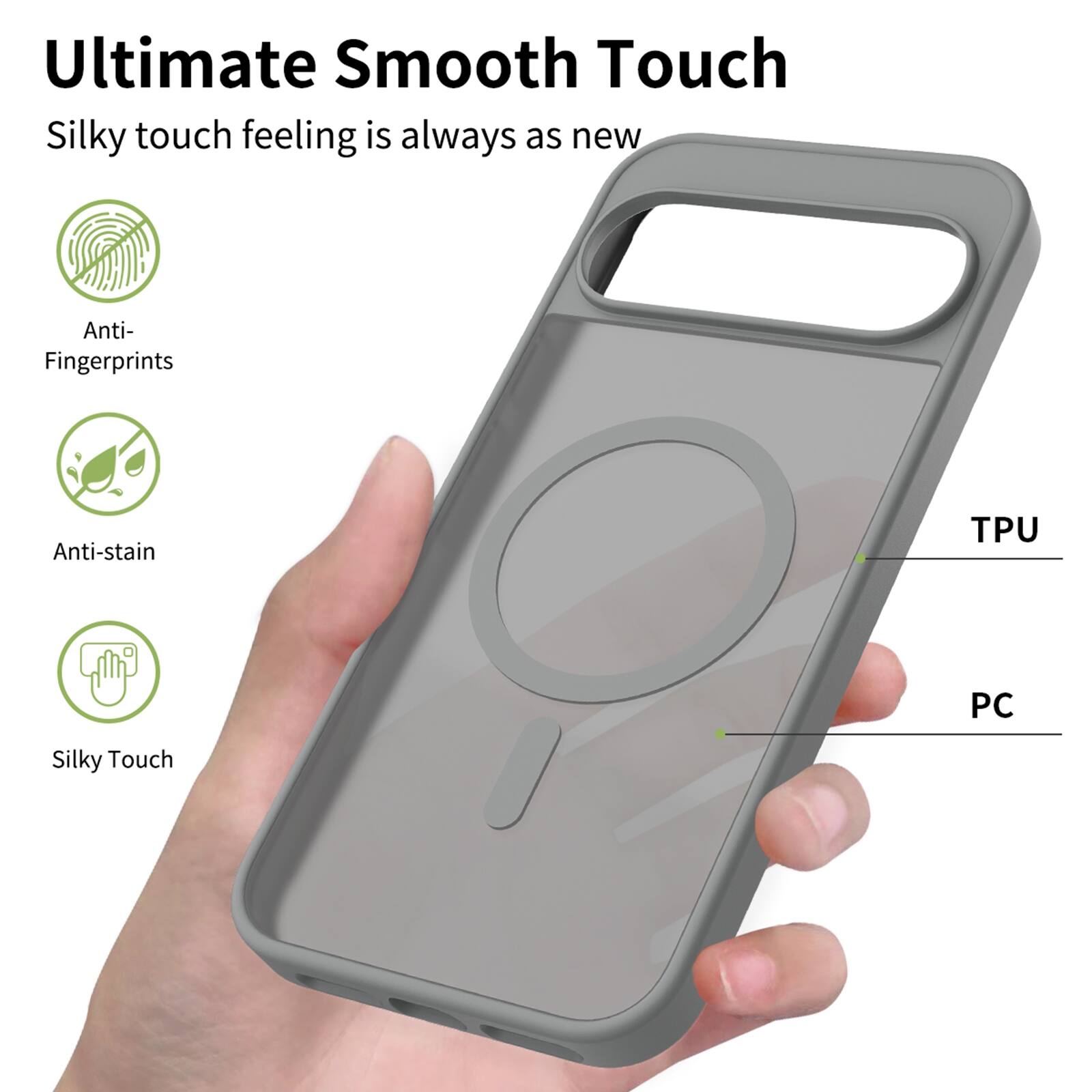 Ultimate Smooth Touch  
Silky touch feeling is always as new  

Anti-Fingerprints  
Anti-stain  
Silky Touch  

TPU  
PC